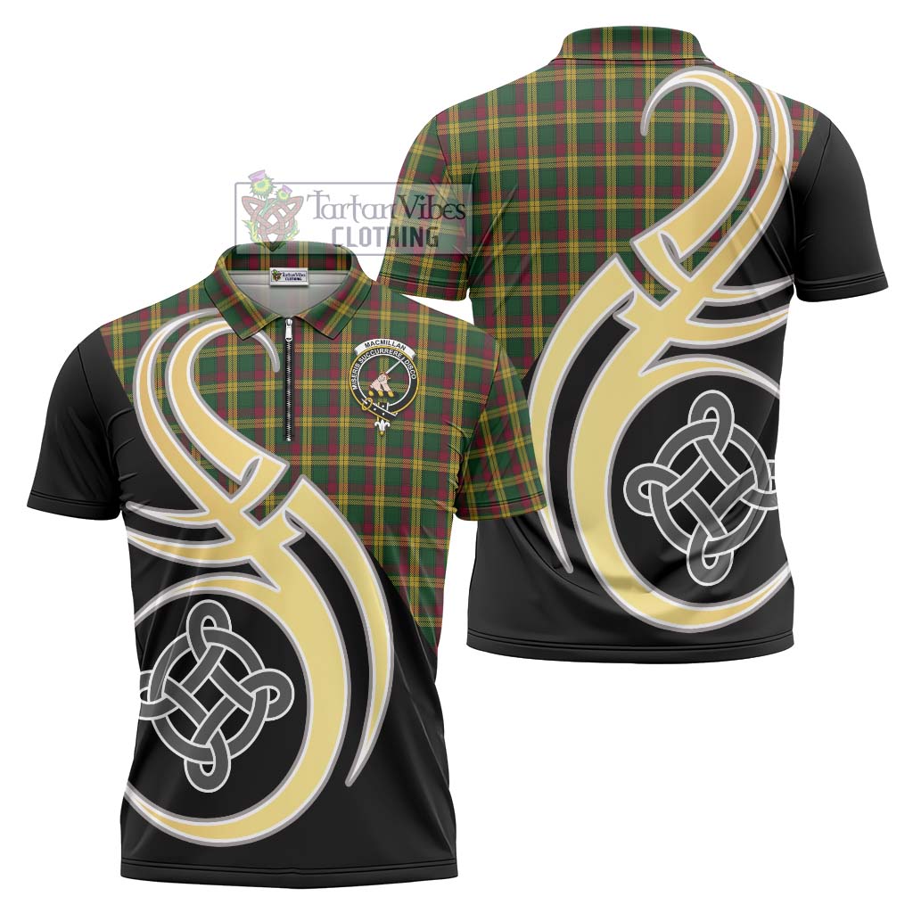 Tartan Vibes Clothing MacMillan Ancient Tartan Zipper Polo Shirt with Family Crest and Celtic Symbol Style