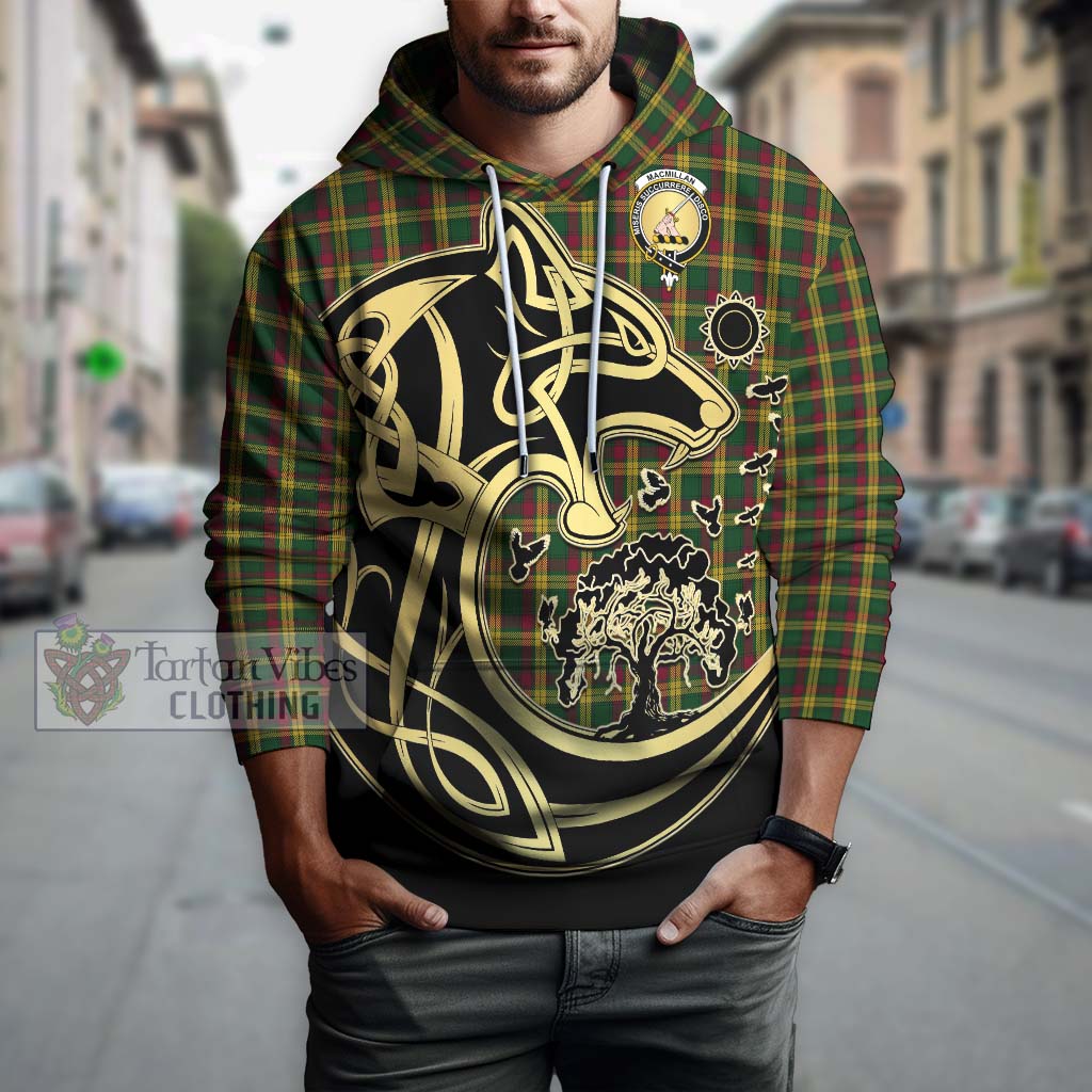 Tartan Vibes Clothing MacMillan Ancient Tartan Hoodie with Family Crest Celtic Wolf Style