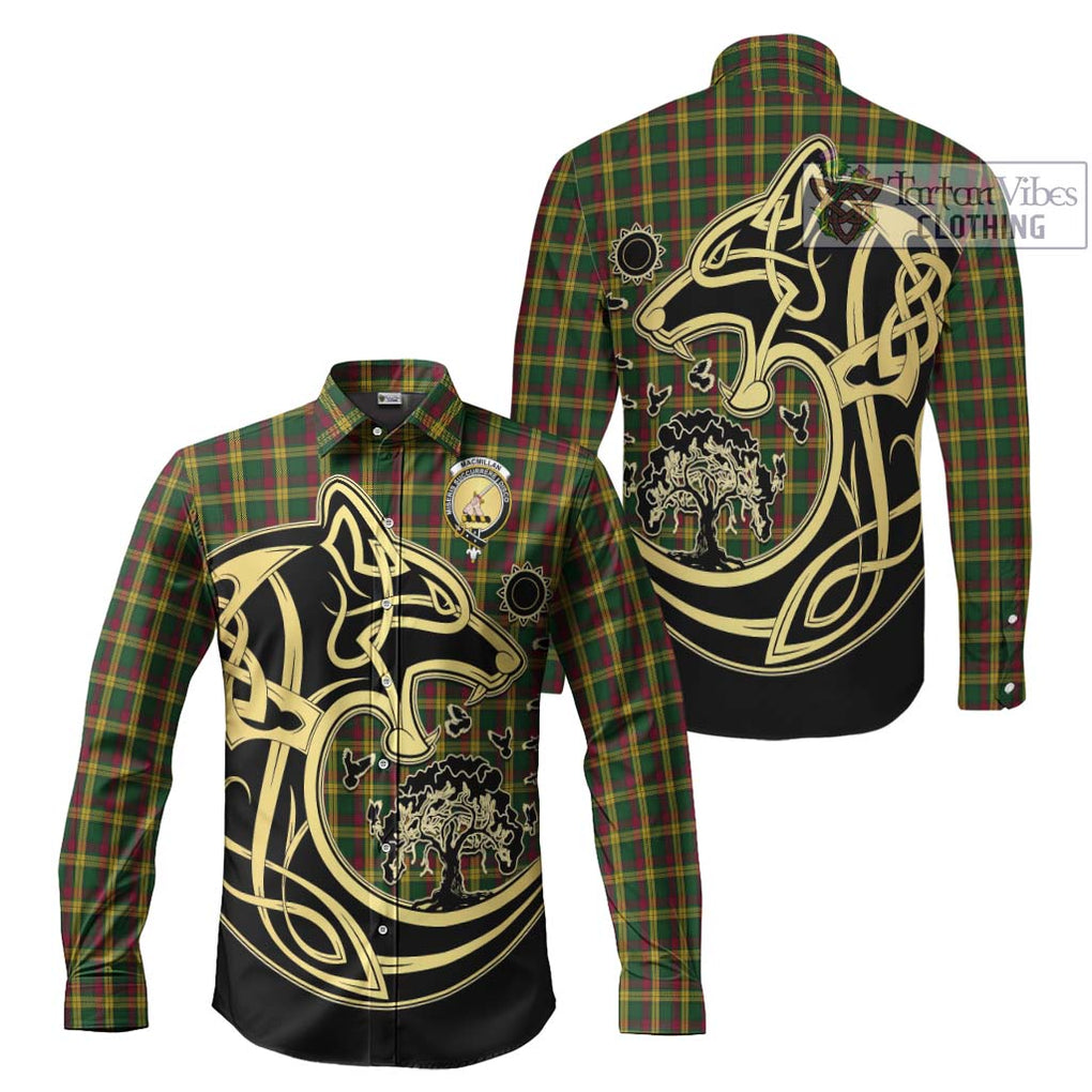 MacMillan (McMillan) Tartan Long Sleeve Button Shirt with Family Crest Celtic Wolf Style Men's Shirt S - Tartan Vibes Clothing