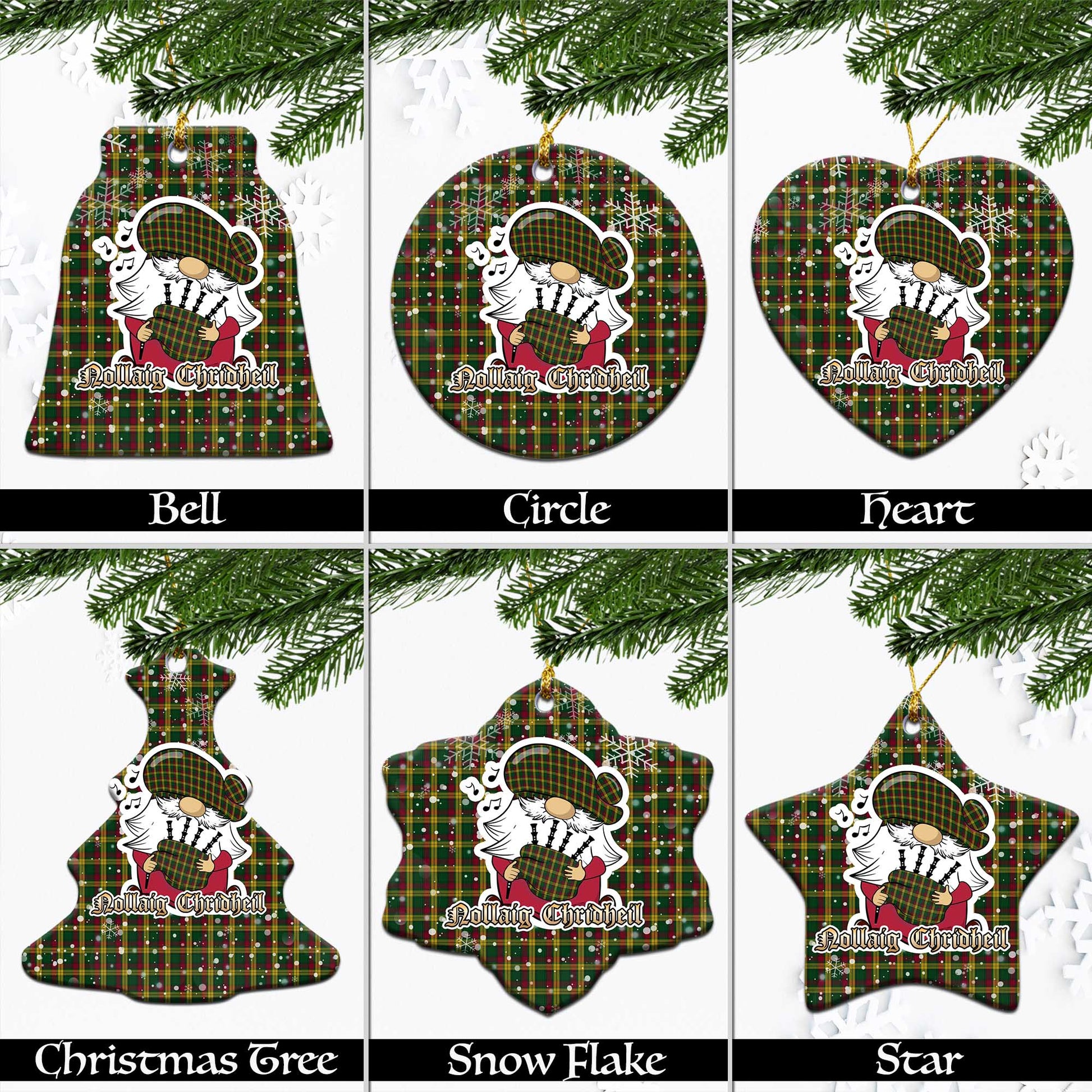 MacMillan Ancient Tartan Christmas Ornaments with Scottish Gnome Playing Bagpipes Ceramic - Tartanvibesclothing