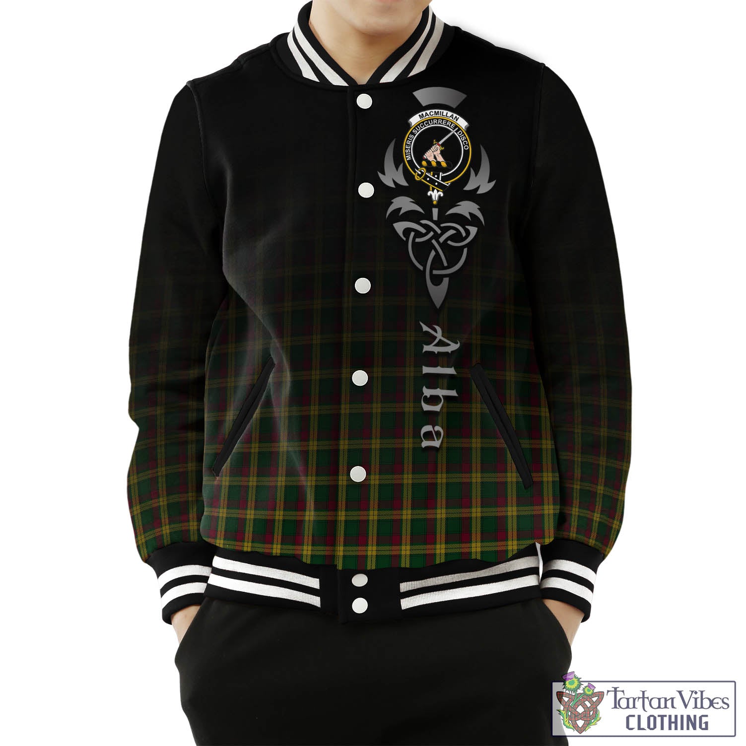 Tartan Vibes Clothing MacMillan Ancient Tartan Baseball Jacket Featuring Alba Gu Brath Family Crest Celtic Inspired