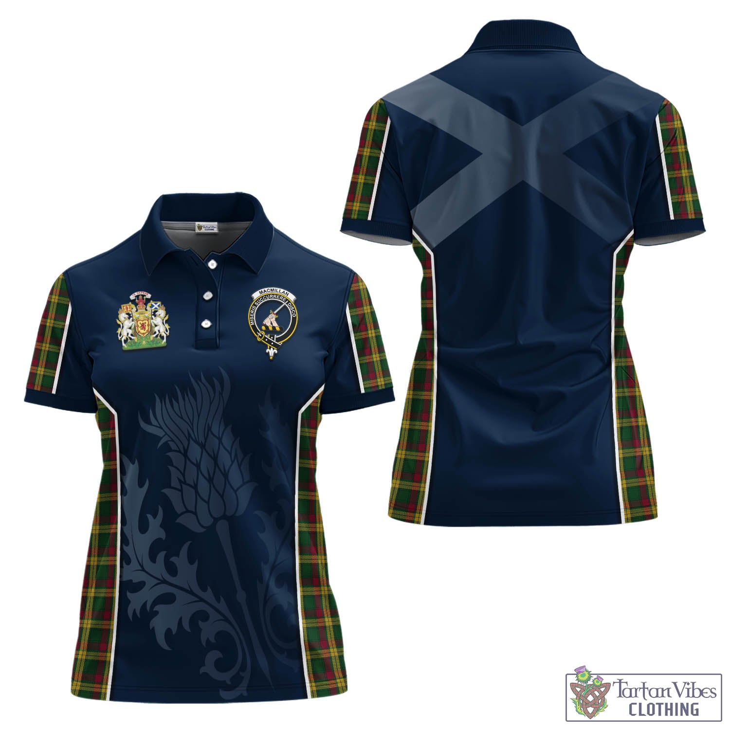 Tartan Vibes Clothing MacMillan Ancient Tartan Women's Polo Shirt with Family Crest and Scottish Thistle Vibes Sport Style