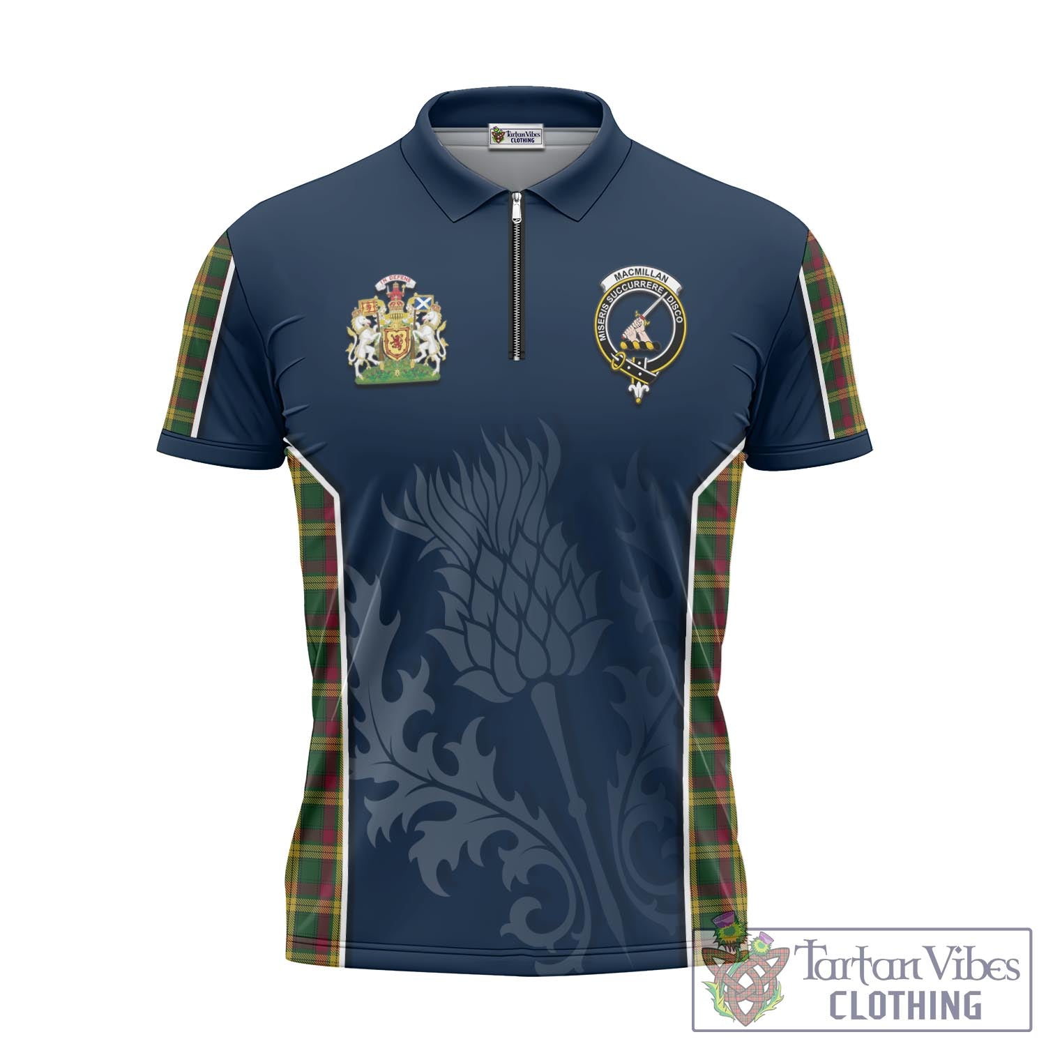 Tartan Vibes Clothing MacMillan Ancient Tartan Zipper Polo Shirt with Family Crest and Scottish Thistle Vibes Sport Style