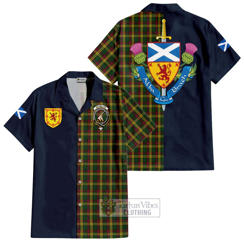 Tartan Vibes Clothing MacMillan Ancient Tartan Short Sleeve Button Shirt with Scottish Lion Royal Arm Half Style