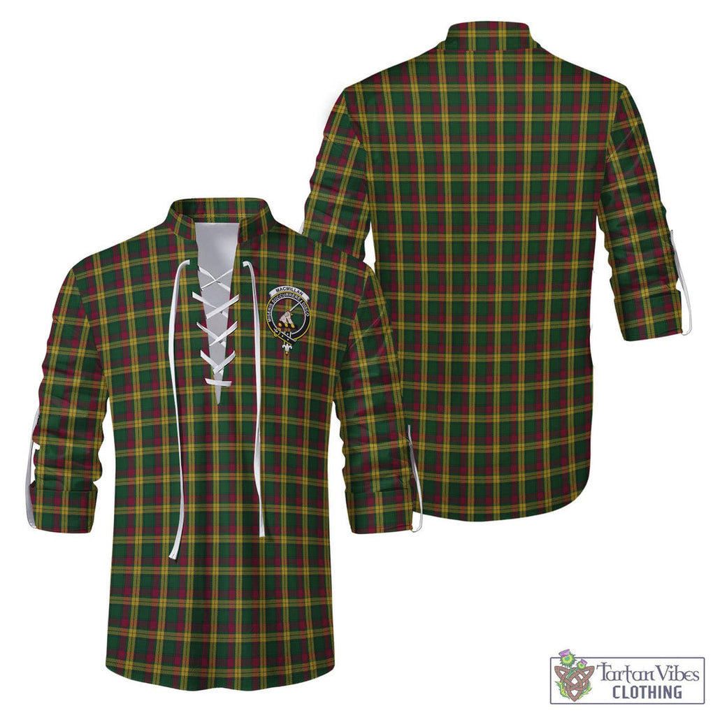 Tartan Vibes Clothing MacMillan Ancient Tartan Men's Scottish Traditional Jacobite Ghillie Kilt Shirt with Family Crest