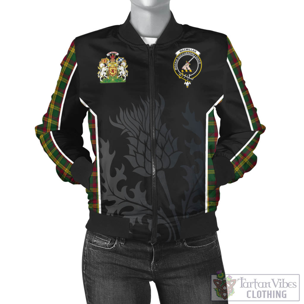 Tartan Vibes Clothing MacMillan Ancient Tartan Bomber Jacket with Family Crest and Scottish Thistle Vibes Sport Style