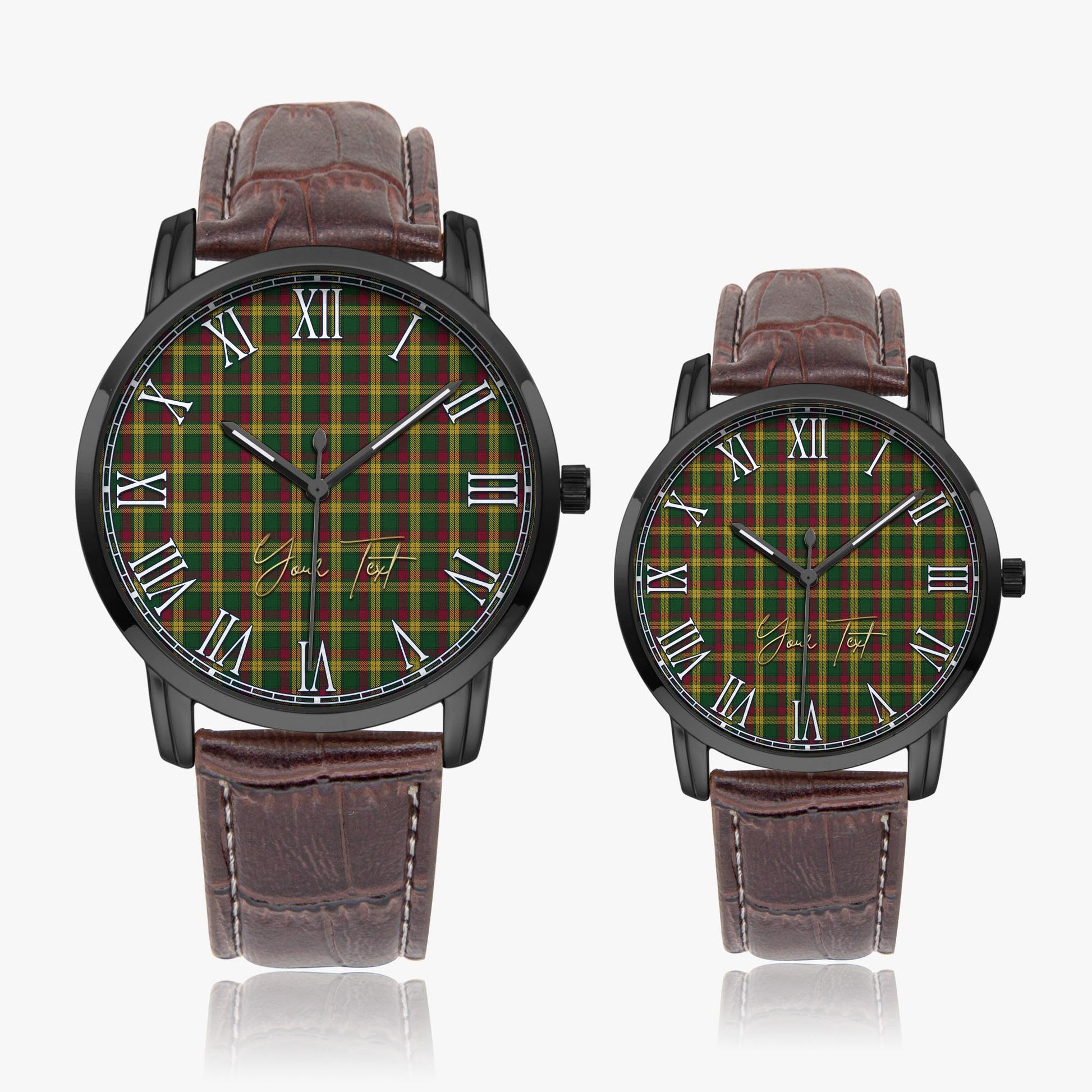 MacMillan Ancient Tartan Personalized Your Text Leather Trap Quartz Watch Wide Type Black Case With Brown Leather Strap - Tartanvibesclothing