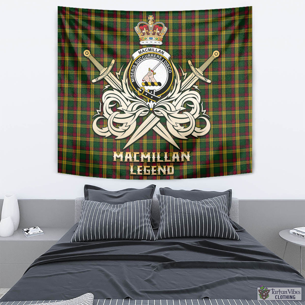 Tartan Vibes Clothing MacMillan Ancient Tartan Tapestry with Clan Crest and the Golden Sword of Courageous Legacy