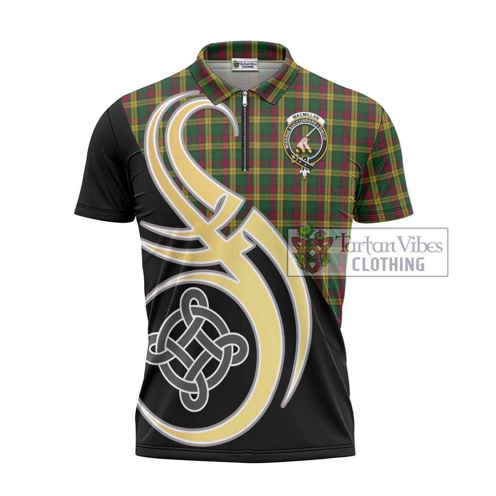 Tartan Vibes Clothing MacMillan Ancient Tartan Zipper Polo Shirt with Family Crest and Celtic Symbol Style