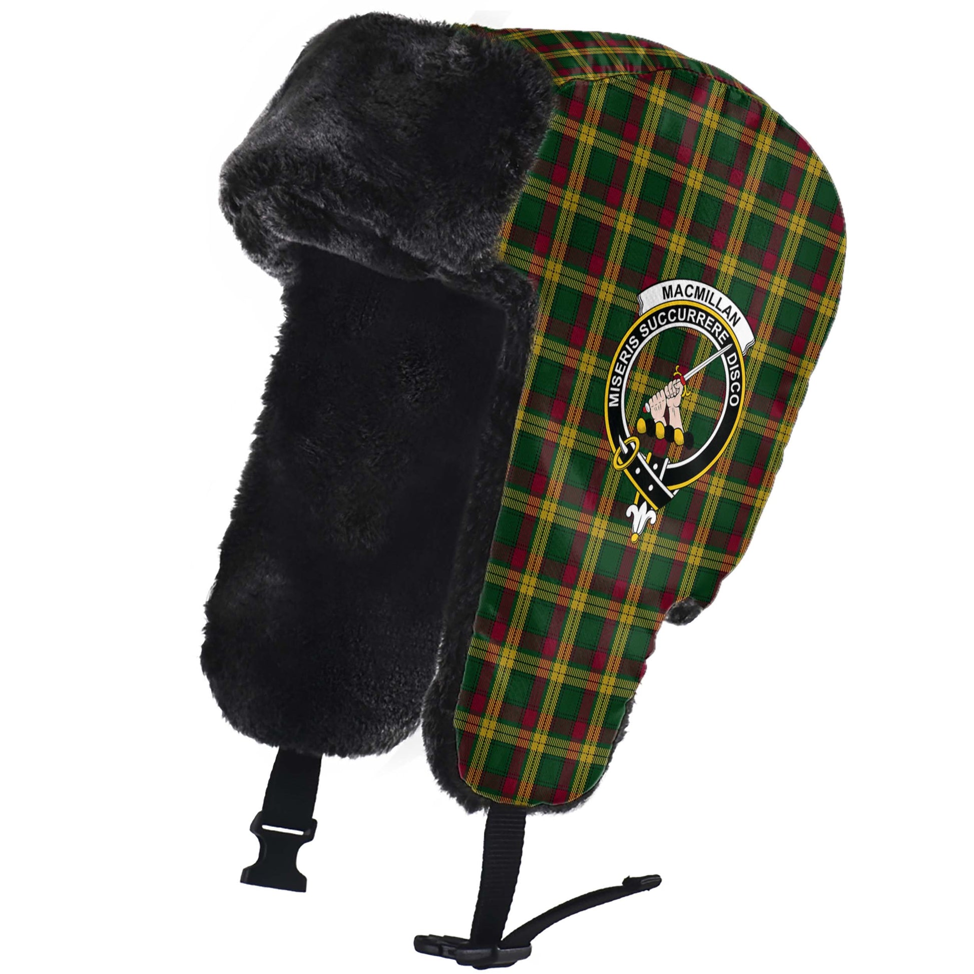 MacMillan Ancient Tartan Winter Trapper Hat with Family Crest - Tartanvibesclothing