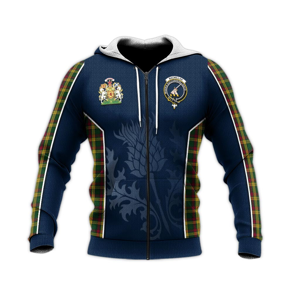 Tartan Vibes Clothing MacMillan Ancient Tartan Knitted Hoodie with Family Crest and Scottish Thistle Vibes Sport Style