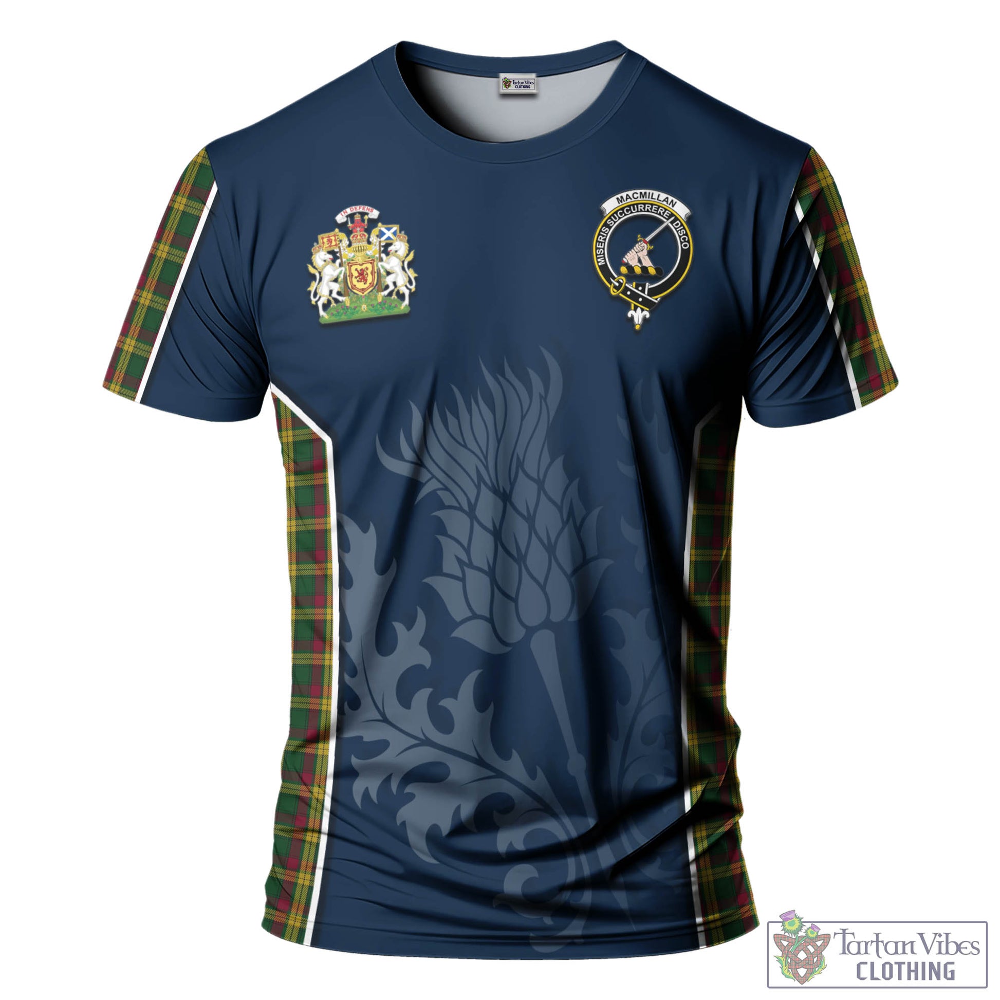 Tartan Vibes Clothing MacMillan Ancient Tartan T-Shirt with Family Crest and Scottish Thistle Vibes Sport Style