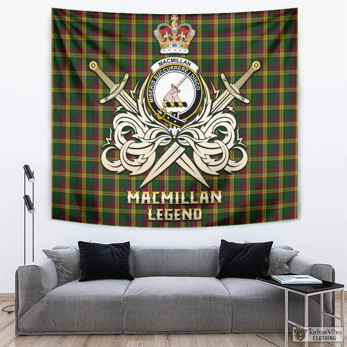 Tartan Vibes Clothing MacMillan Ancient Tartan Tapestry with Clan Crest and the Golden Sword of Courageous Legacy