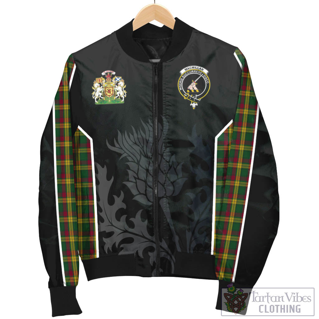 Tartan Vibes Clothing MacMillan Ancient Tartan Bomber Jacket with Family Crest and Scottish Thistle Vibes Sport Style