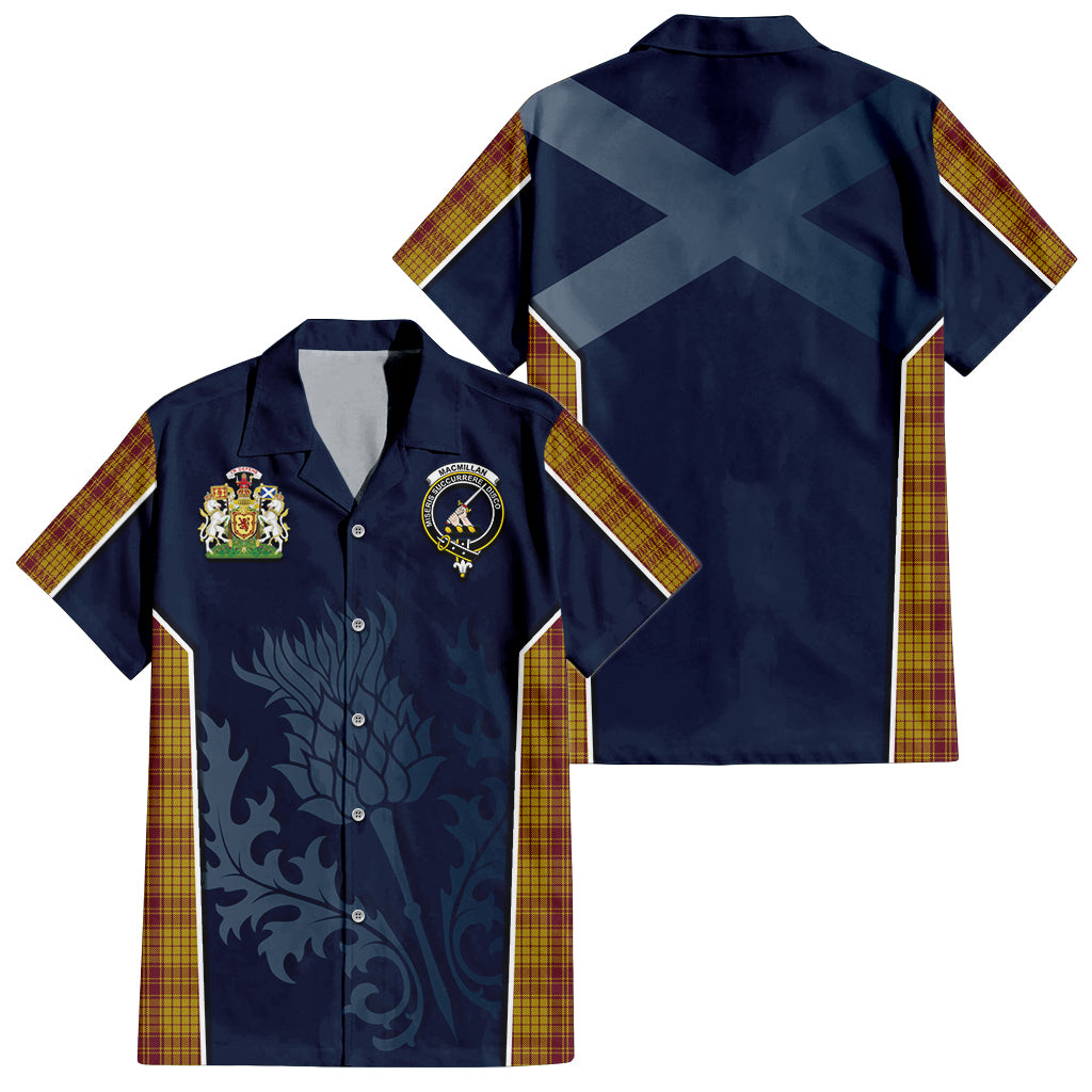 Tartan Vibes Clothing MacMillan Dress Tartan Short Sleeve Button Up Shirt with Family Crest and Scottish Thistle Vibes Sport Style