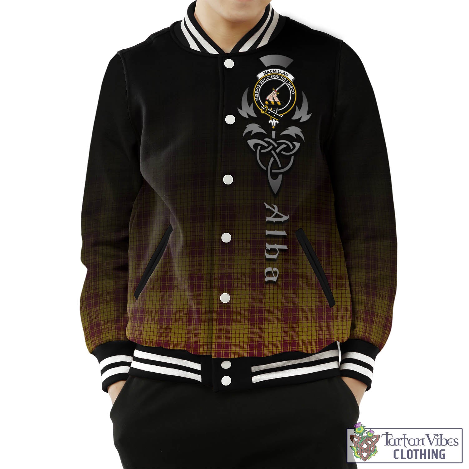 Tartan Vibes Clothing MacMillan Dress Tartan Baseball Jacket Featuring Alba Gu Brath Family Crest Celtic Inspired