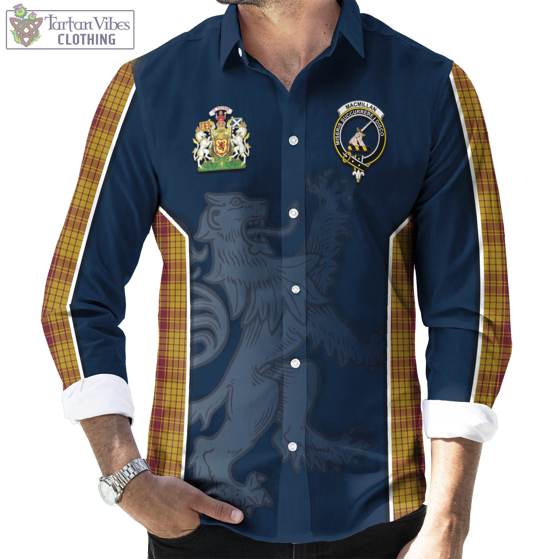 Tartan Vibes Clothing MacMillan Dress Tartan Long Sleeve Button Up Shirt with Family Crest and Lion Rampant Vibes Sport Style