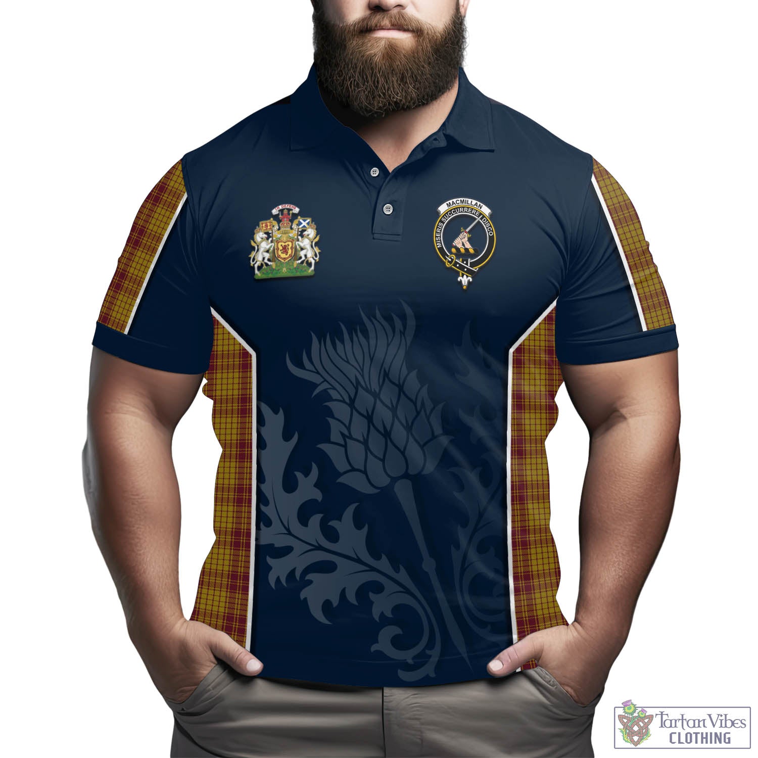 Tartan Vibes Clothing MacMillan Dress Tartan Men's Polo Shirt with Family Crest and Scottish Thistle Vibes Sport Style