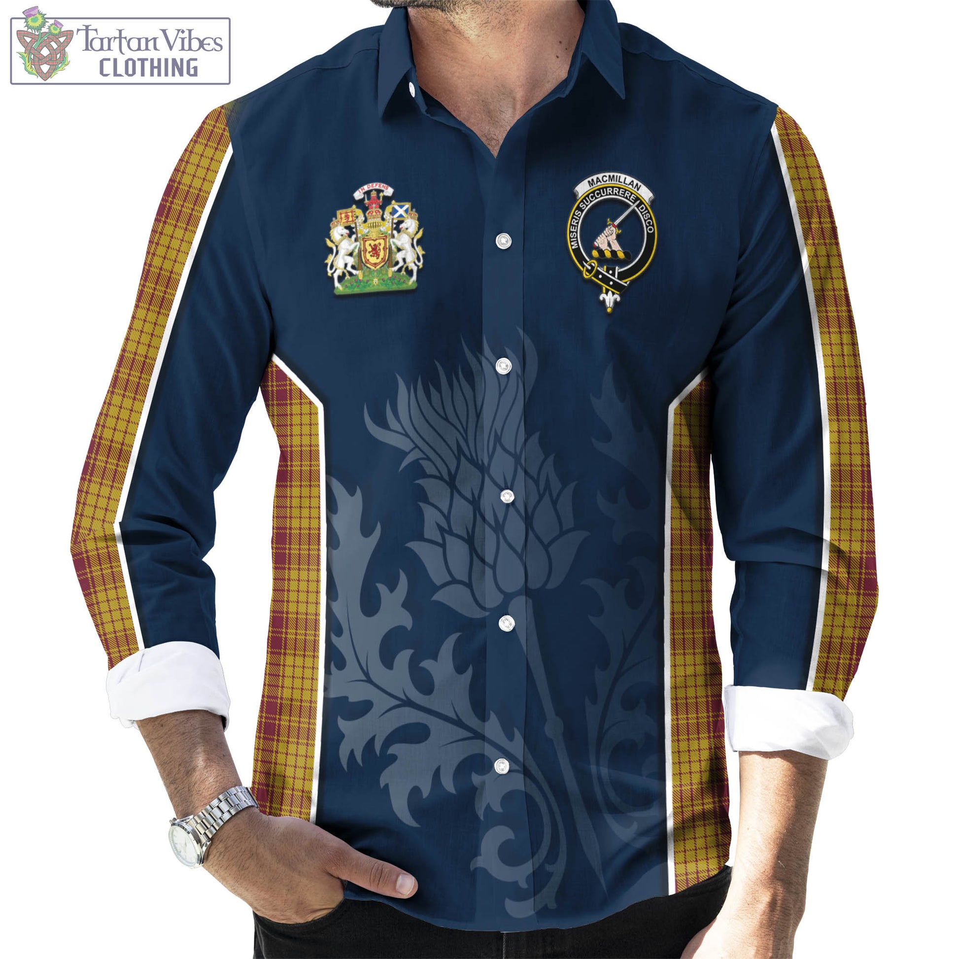 Tartan Vibes Clothing MacMillan Dress Tartan Long Sleeve Button Up Shirt with Family Crest and Scottish Thistle Vibes Sport Style