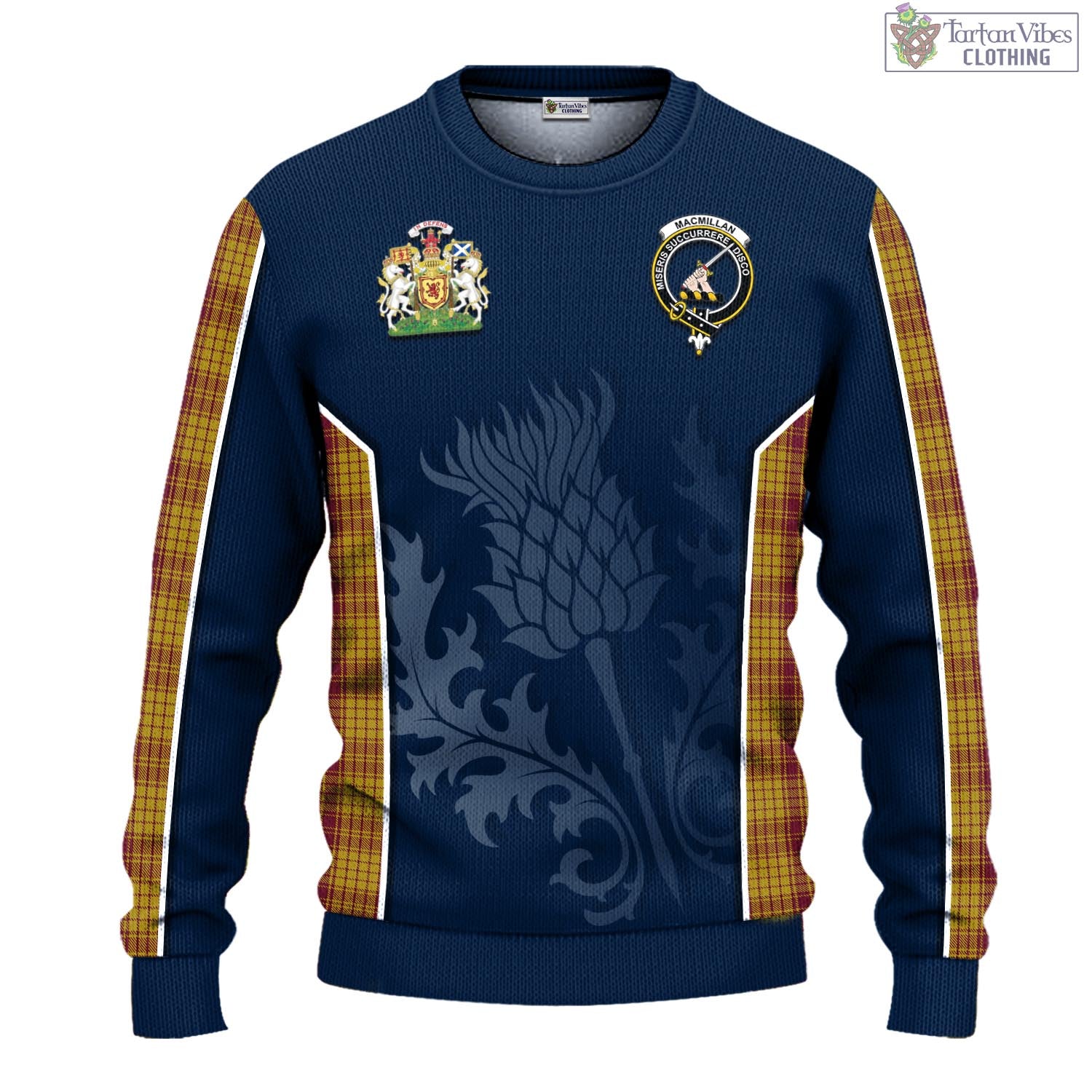 Tartan Vibes Clothing MacMillan Dress Tartan Knitted Sweatshirt with Family Crest and Scottish Thistle Vibes Sport Style