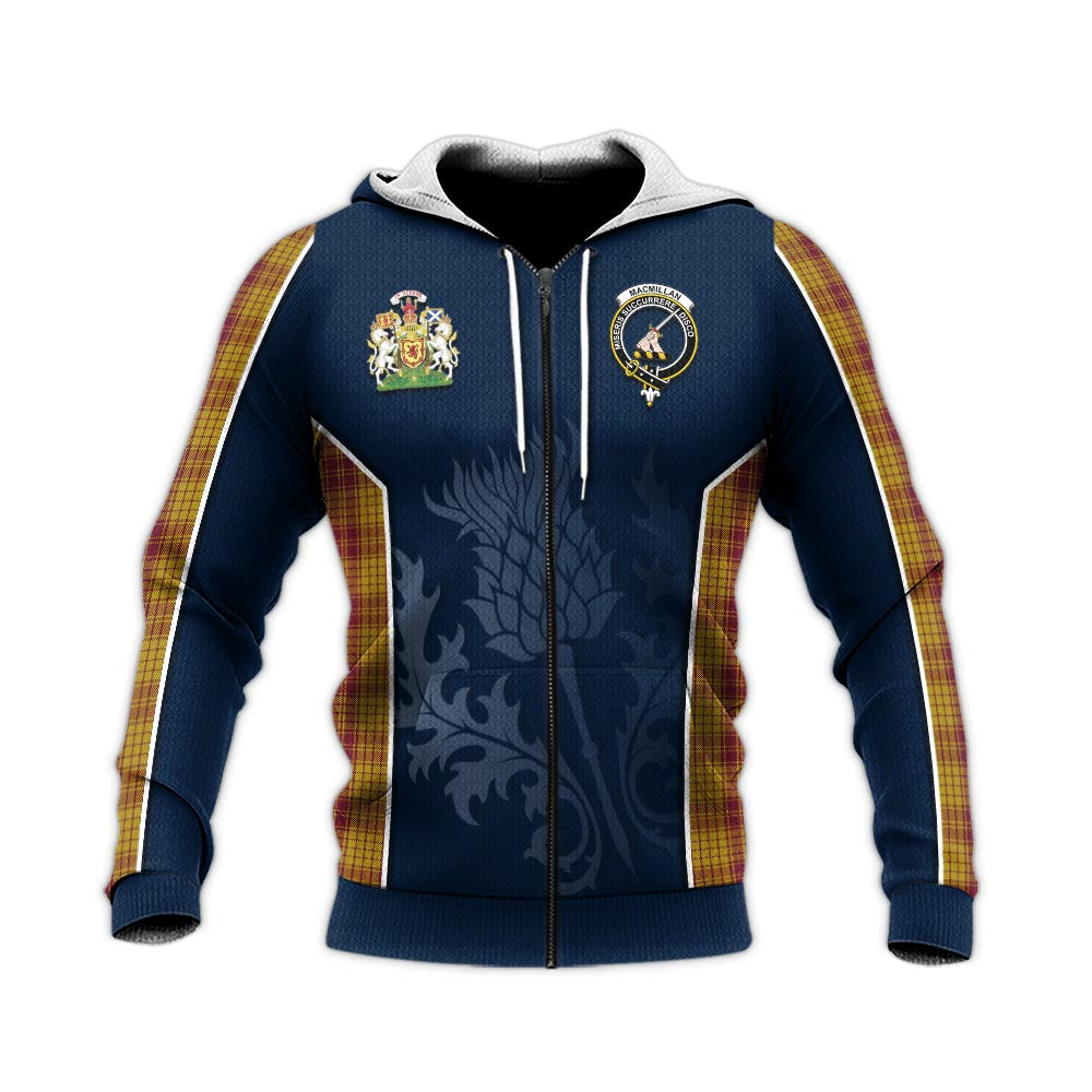 Tartan Vibes Clothing MacMillan Dress Tartan Knitted Hoodie with Family Crest and Scottish Thistle Vibes Sport Style