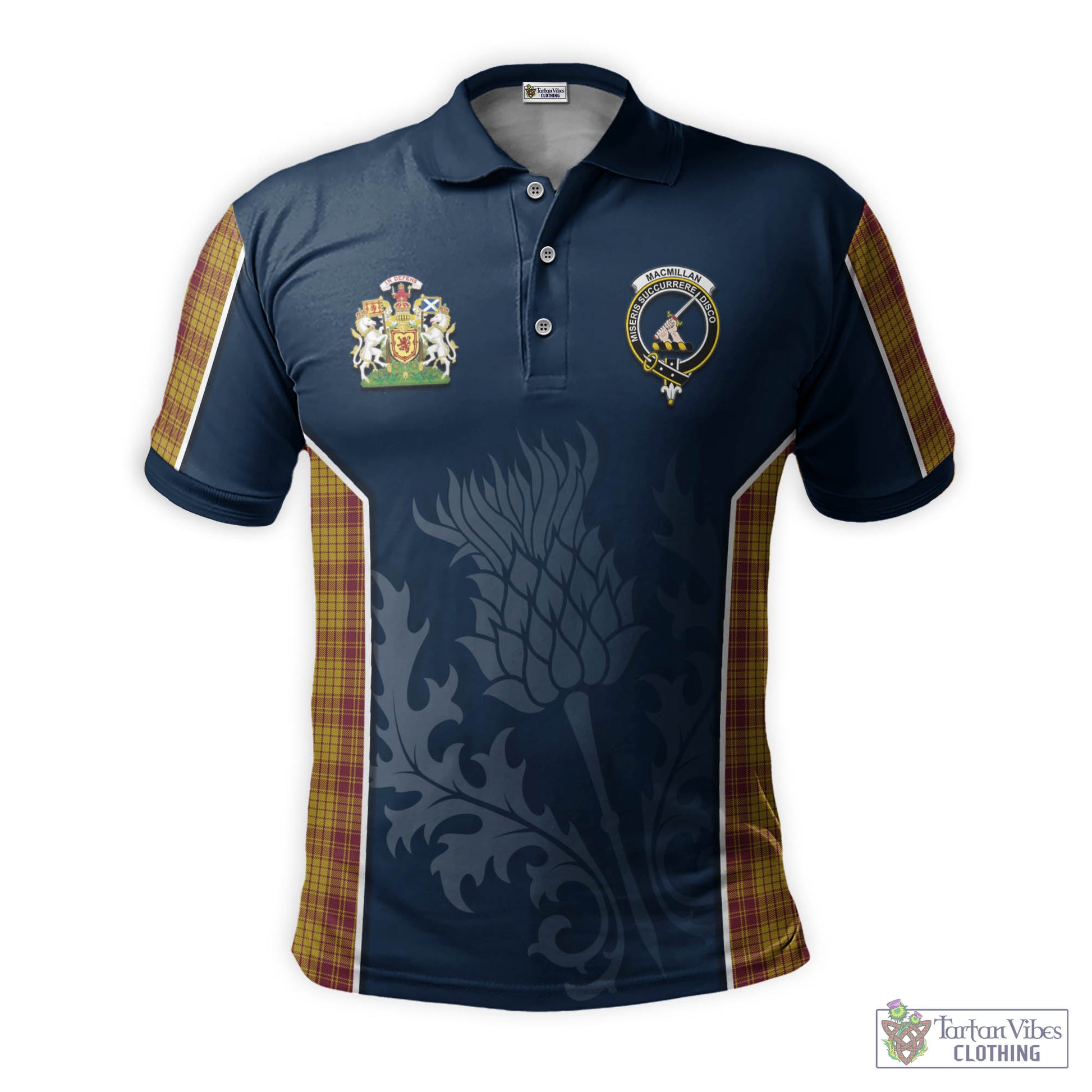 Tartan Vibes Clothing MacMillan Dress Tartan Men's Polo Shirt with Family Crest and Scottish Thistle Vibes Sport Style