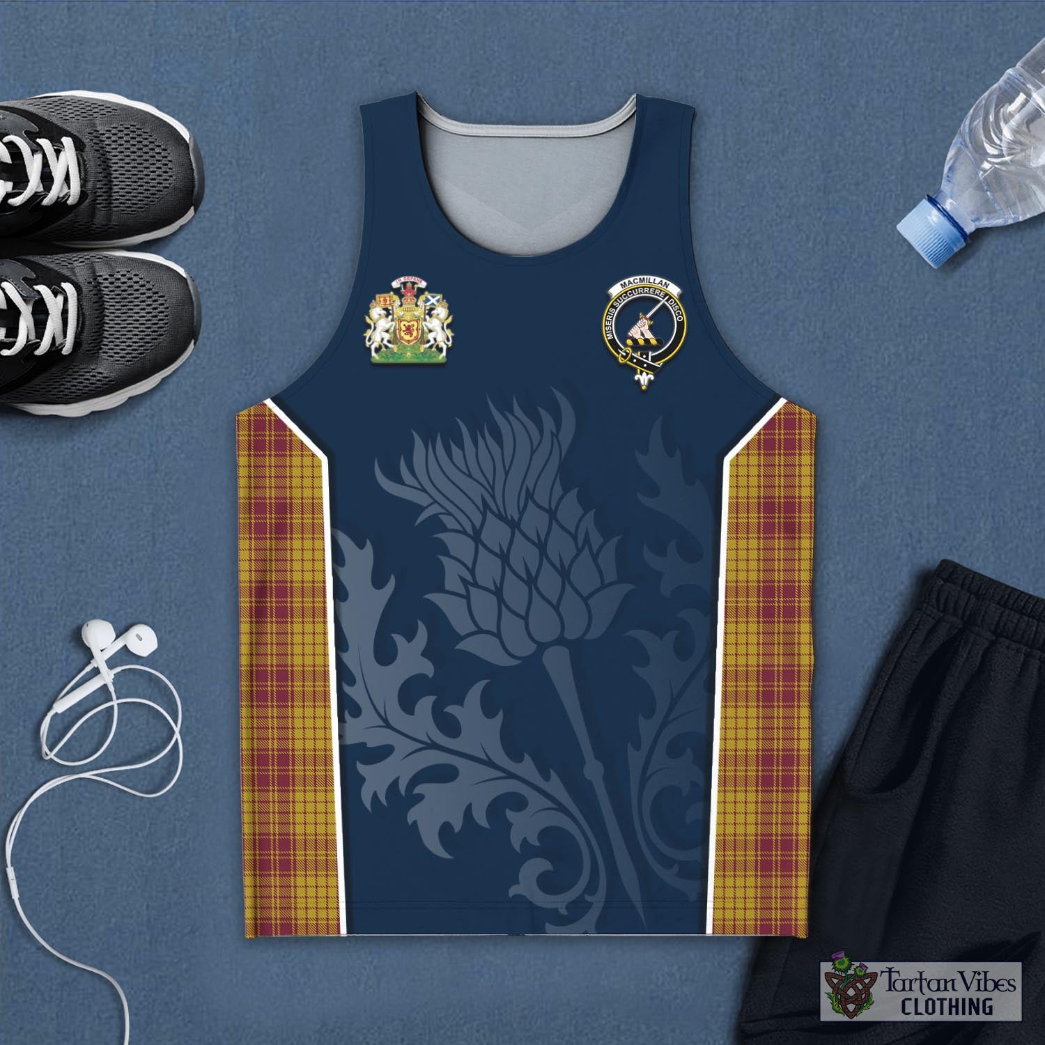 Tartan Vibes Clothing MacMillan Dress Tartan Men's Tanks Top with Family Crest and Scottish Thistle Vibes Sport Style