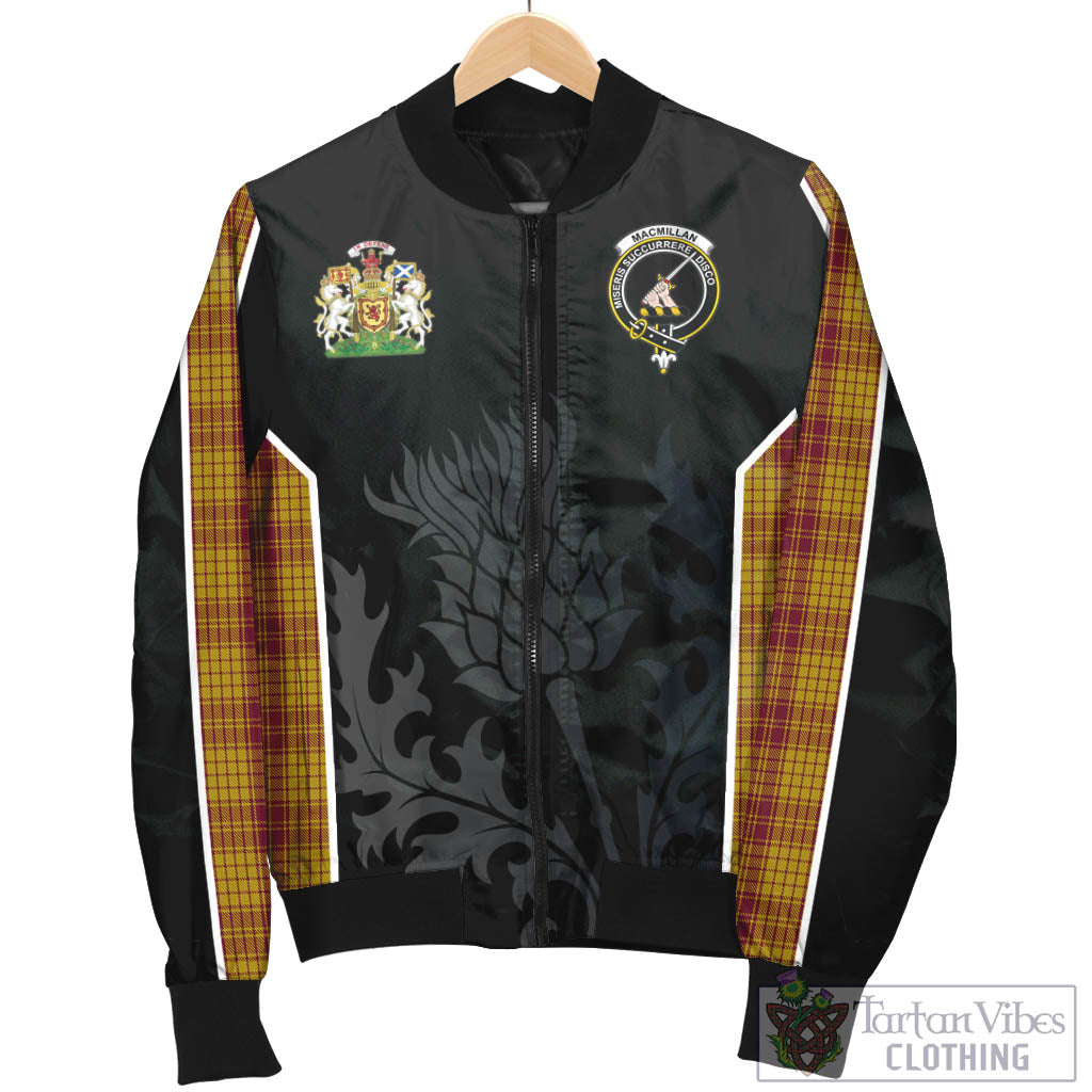 Tartan Vibes Clothing MacMillan Dress Tartan Bomber Jacket with Family Crest and Scottish Thistle Vibes Sport Style