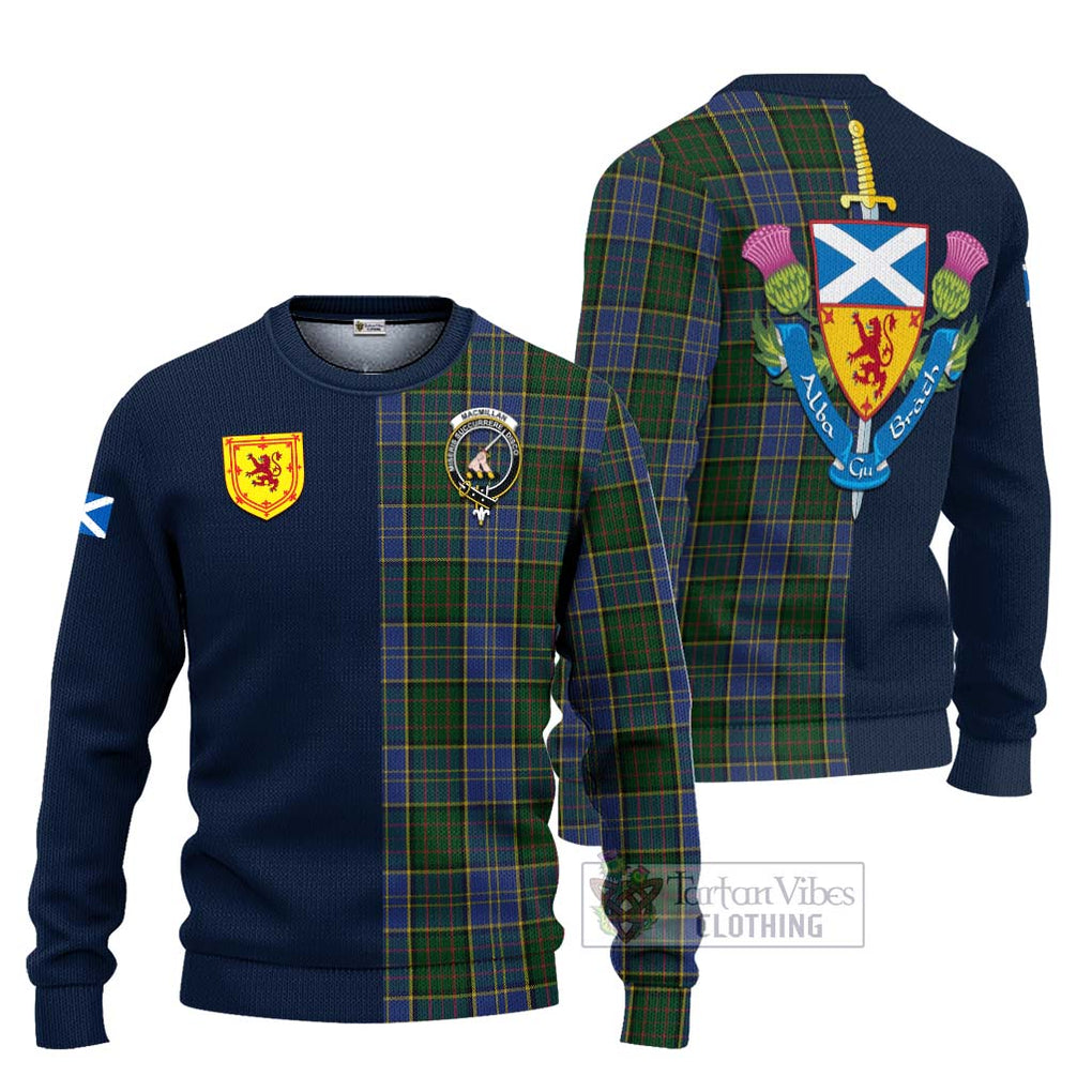 Tartan Vibes Clothing MacMillan Hunting Tartan Knitted Sweater with Scottish Lion Royal Arm Half Style