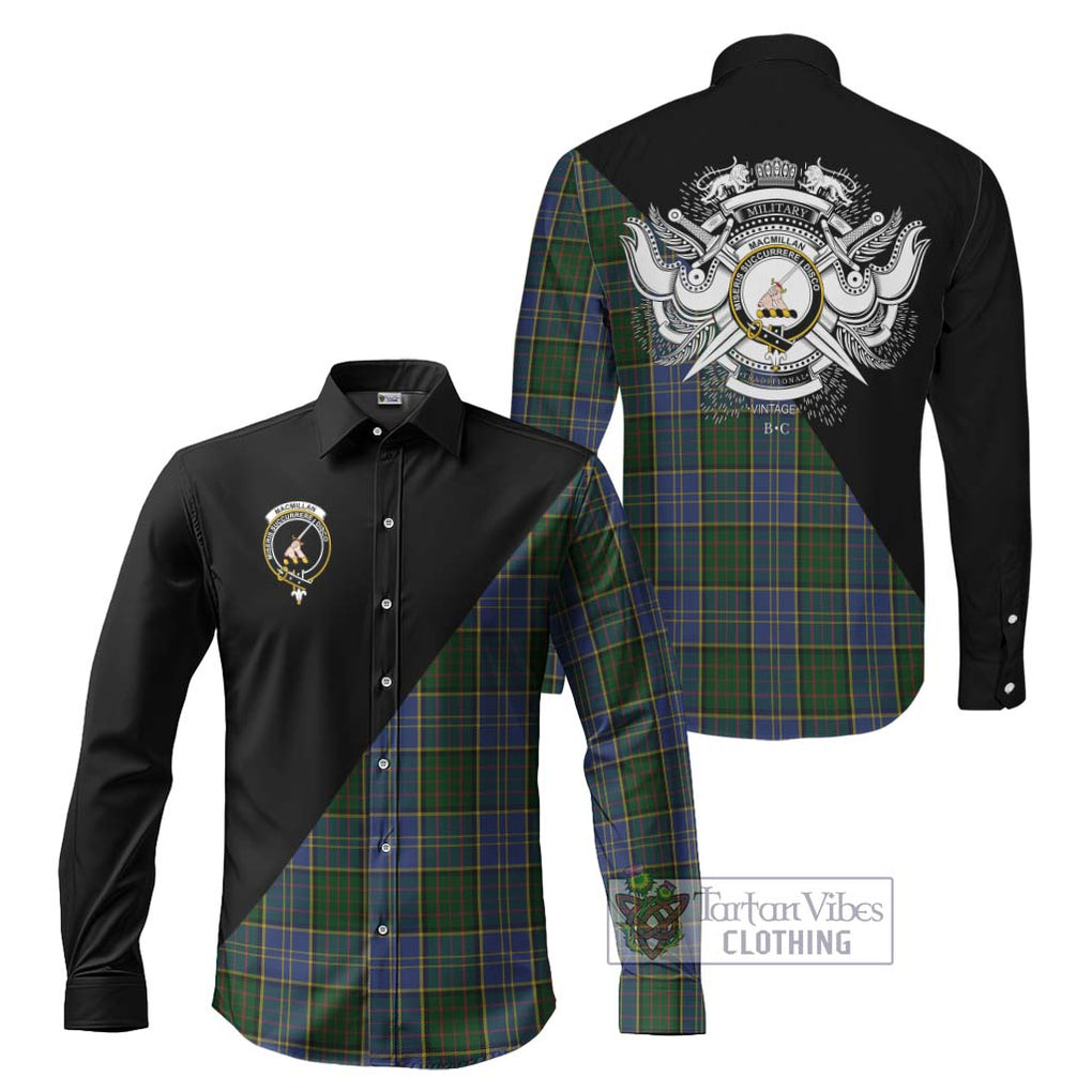 MacMillan Hunting Tartan Long Sleeve Button Shirt with Family Crest and Military Logo Style Men's Shirt S - Tartanvibesclothing Shop