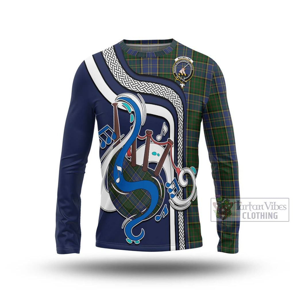 Tartan Vibes Clothing MacMillan Hunting Tartan Long Sleeve T-Shirt with Epic Bagpipe Style