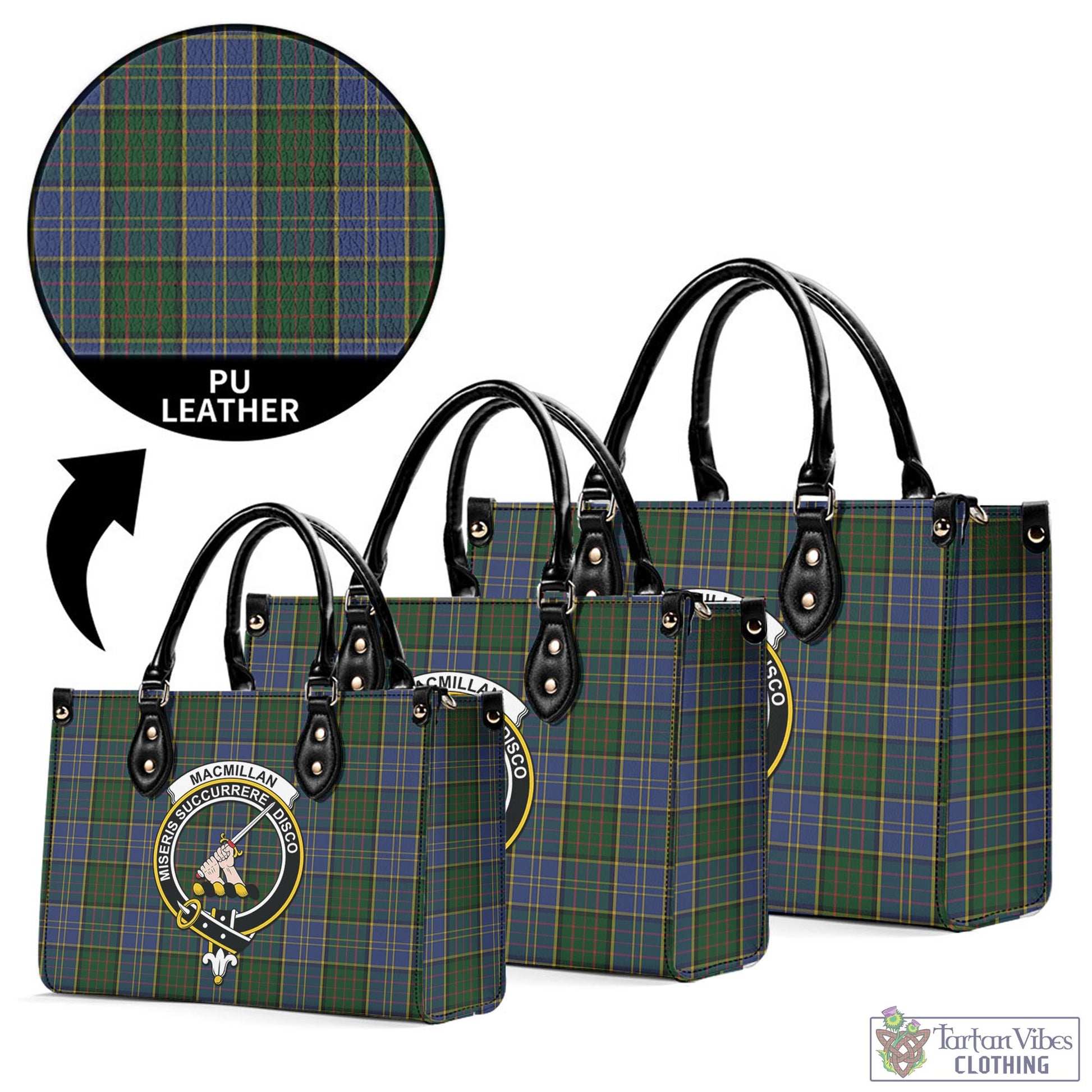 Tartan Vibes Clothing MacMillan Hunting Tartan Luxury Leather Handbags with Family Crest