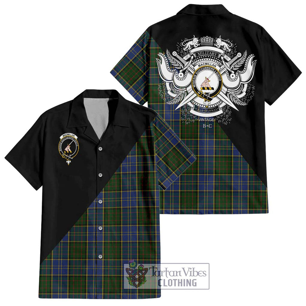 MacMillan Hunting Tartan Short Sleeve Button Shirt with Family Crest and Military Logo Style Kid - Tartanvibesclothing Shop