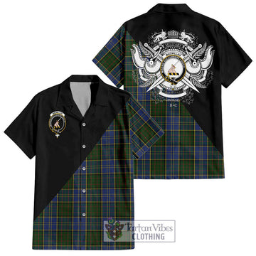 MacMillan Hunting Tartan Short Sleeve Button Shirt with Family Crest and Military Logo Style