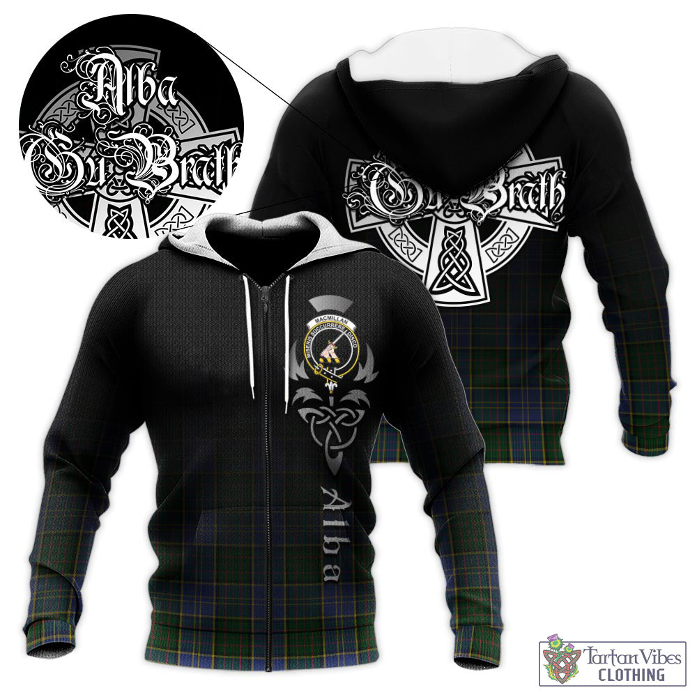 Tartan Vibes Clothing MacMillan Hunting Tartan Knitted Hoodie Featuring Alba Gu Brath Family Crest Celtic Inspired