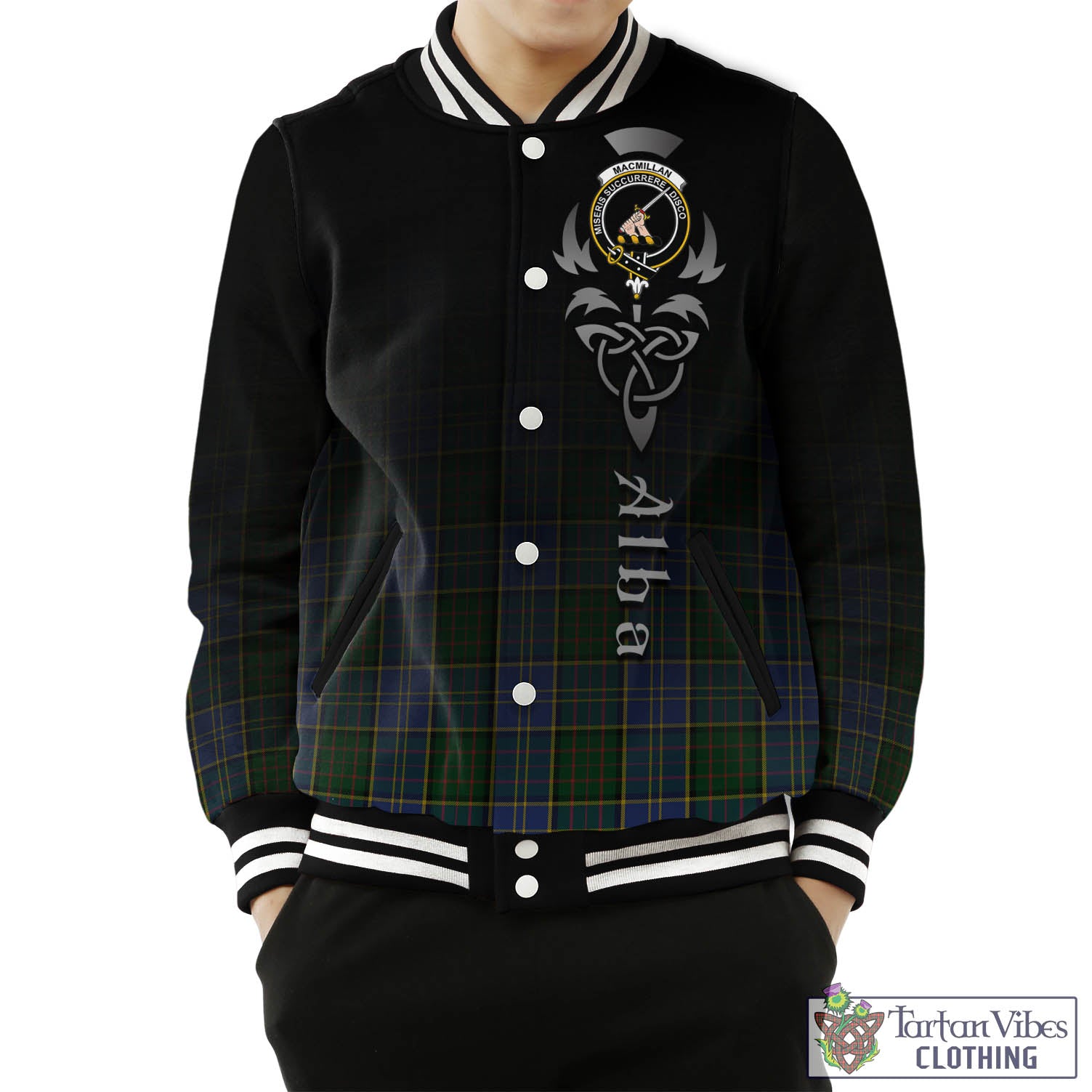 Tartan Vibes Clothing MacMillan Hunting Tartan Baseball Jacket Featuring Alba Gu Brath Family Crest Celtic Inspired