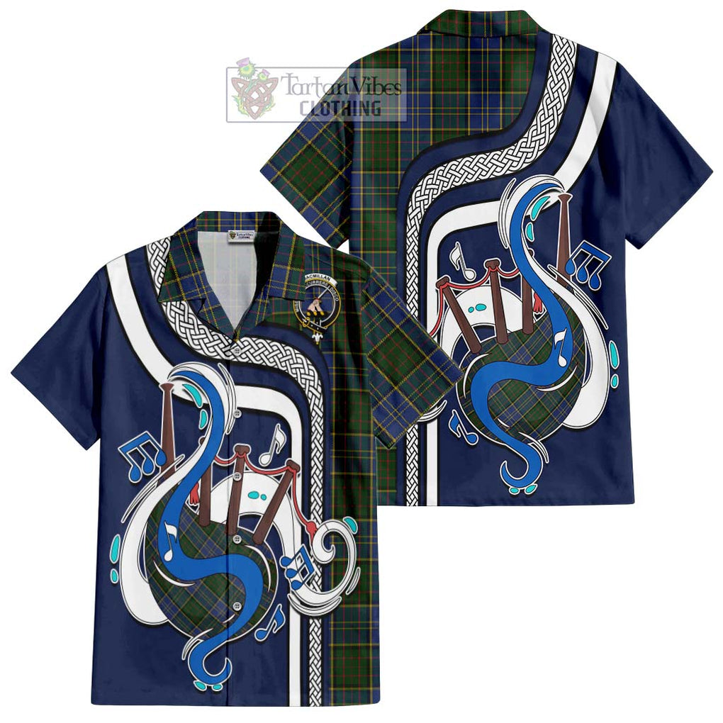 MacMillan Hunting Tartan Short Sleeve Button Shirt with Epic Bagpipe Style Kid - Tartanvibesclothing Shop