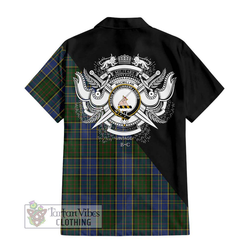 MacMillan Hunting Tartan Short Sleeve Button Shirt with Family Crest and Military Logo Style - Tartanvibesclothing Shop