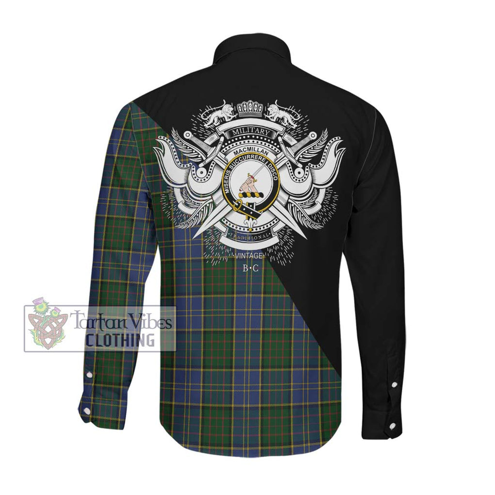 MacMillan Hunting Tartan Long Sleeve Button Shirt with Family Crest and Military Logo Style Men's Shirt - Tartanvibesclothing Shop