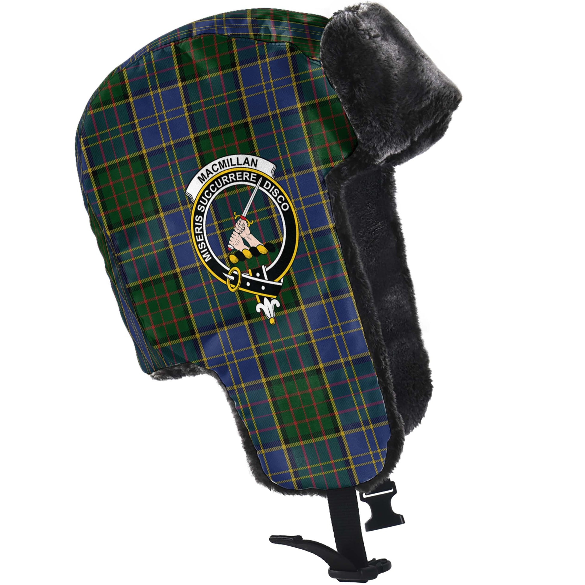 MacMillan Hunting Tartan Winter Trapper Hat with Family Crest - Tartanvibesclothing