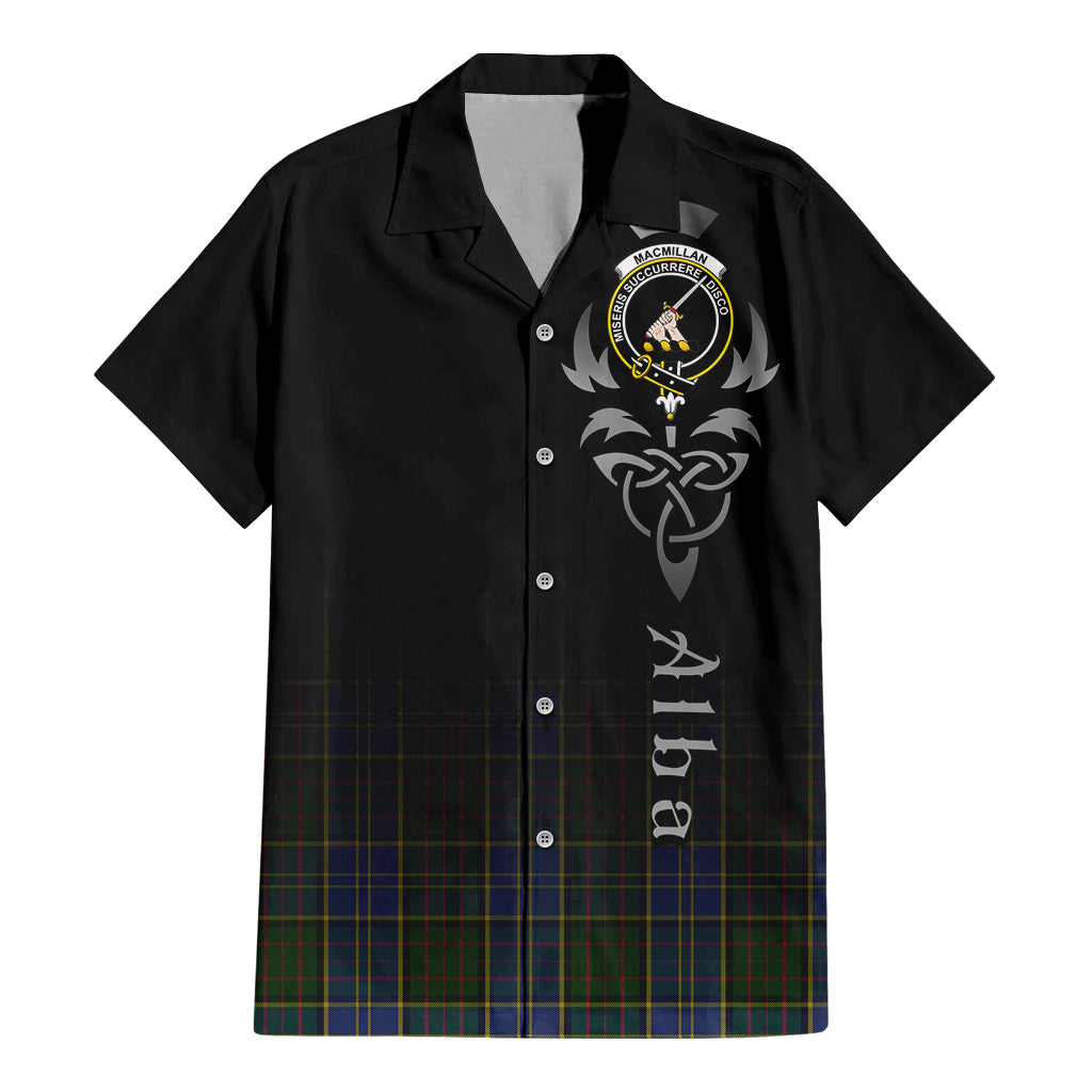 Tartan Vibes Clothing MacMillan Hunting Tartan Short Sleeve Button Up Featuring Alba Gu Brath Family Crest Celtic Inspired