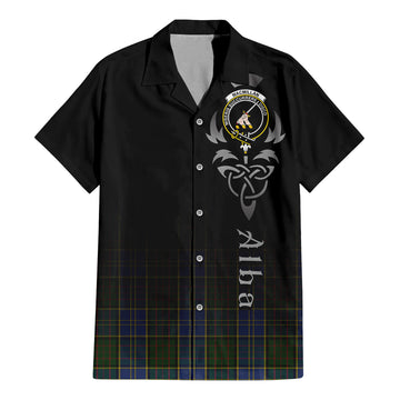 MacMillan Hunting Tartan Short Sleeve Button Up Shirt Featuring Alba Gu Brath Family Crest Celtic Inspired