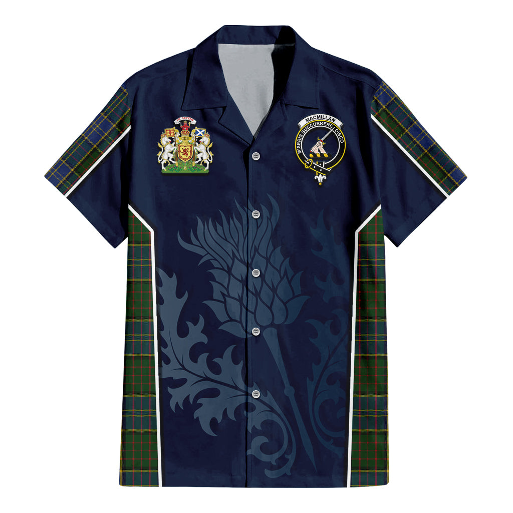 Tartan Vibes Clothing MacMillan Hunting Tartan Short Sleeve Button Up Shirt with Family Crest and Scottish Thistle Vibes Sport Style