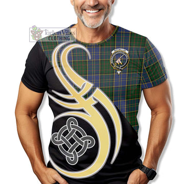 MacMillan Hunting Tartan T-Shirt with Family Crest and Celtic Symbol Style