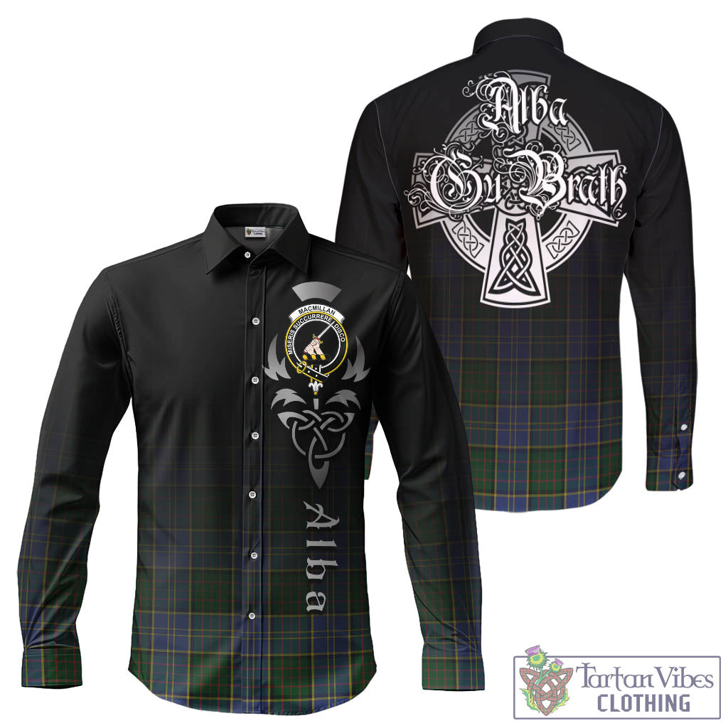 Tartan Vibes Clothing MacMillan Hunting Tartan Long Sleeve Button Up Featuring Alba Gu Brath Family Crest Celtic Inspired