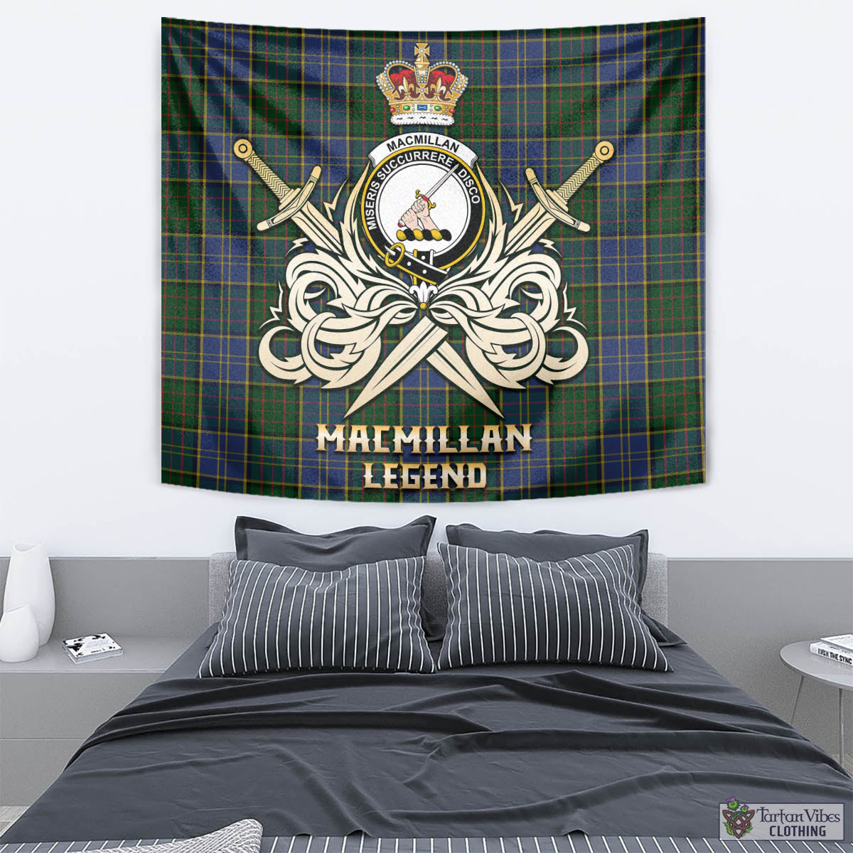 Tartan Vibes Clothing MacMillan Hunting Tartan Tapestry with Clan Crest and the Golden Sword of Courageous Legacy