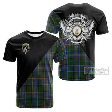 MacMillan Hunting Tartan Cotton T-shirt with Family Crest and Military Logo Style