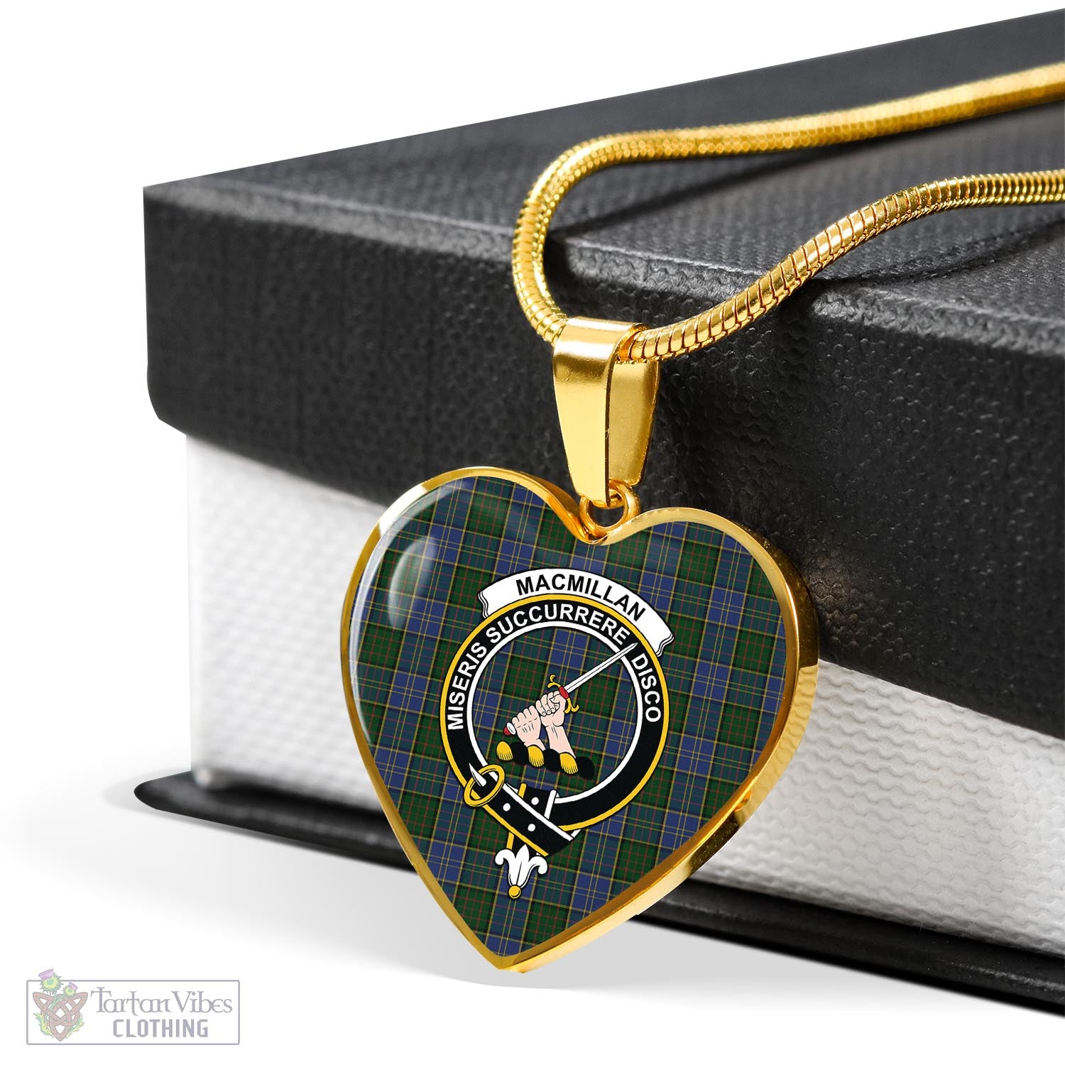 Tartan Vibes Clothing MacMillan Hunting Tartan Heart Necklace with Family Crest