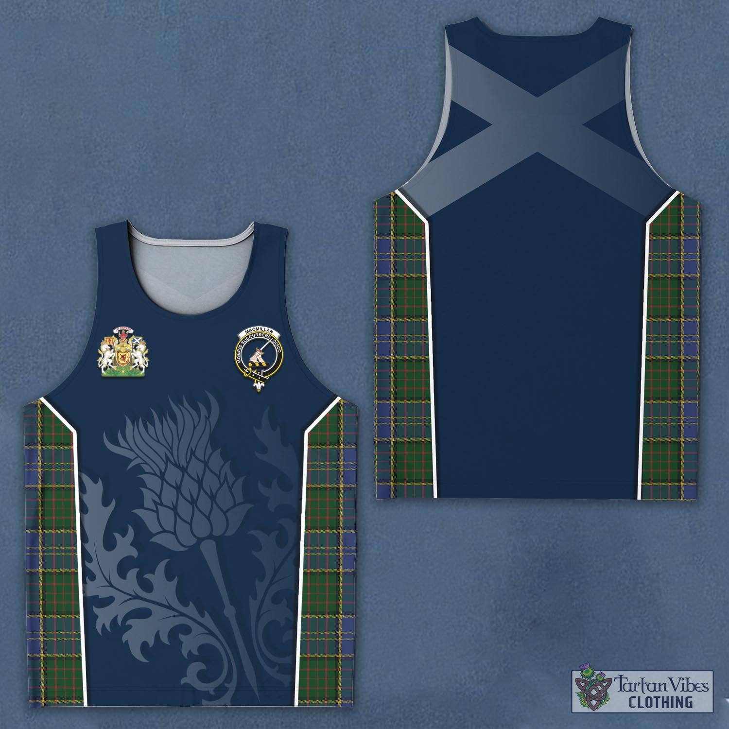 Tartan Vibes Clothing MacMillan Hunting Tartan Men's Tanks Top with Family Crest and Scottish Thistle Vibes Sport Style