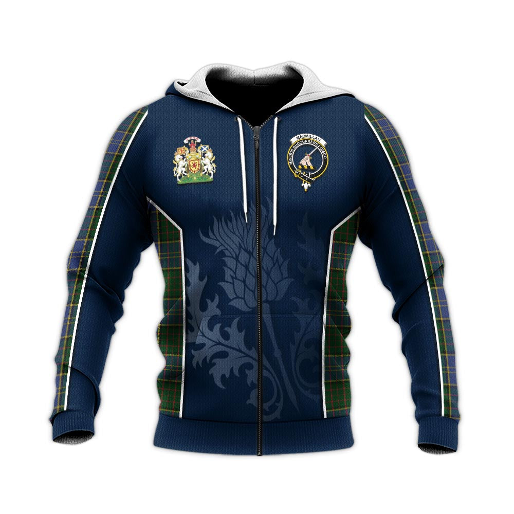 Tartan Vibes Clothing MacMillan Hunting Tartan Knitted Hoodie with Family Crest and Scottish Thistle Vibes Sport Style